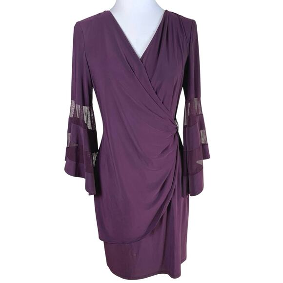 R & M Richards Size 8 Surplice Rouched Bell-Sleeve Dress Purple Plum Cocktail - Picture 1 of 12